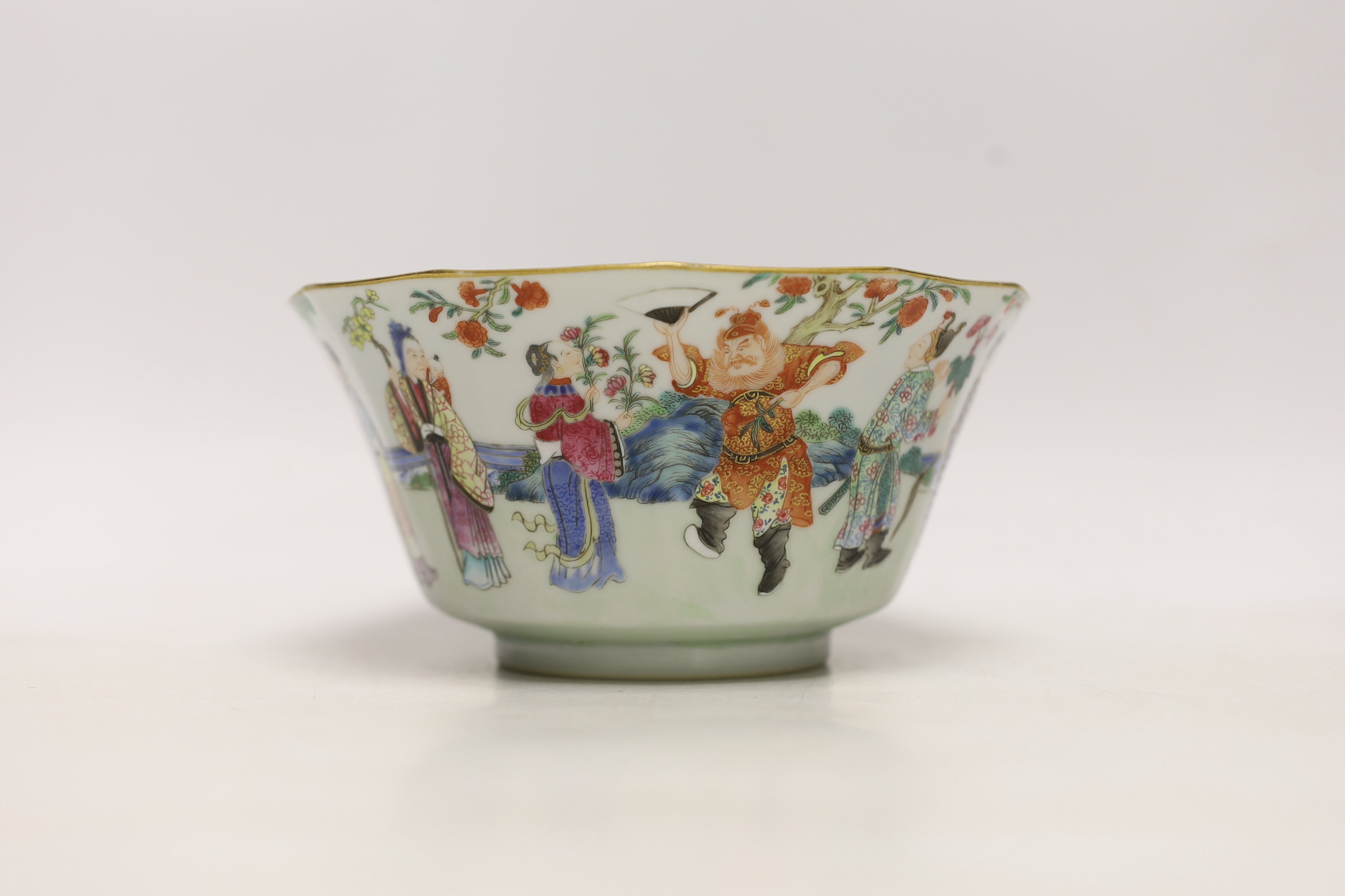 A Chinese famille rose bowl, Daoguang seal mark and of the period (1821-50), painted with famous historical and mythical figures, 18cm diameter (a.f.)